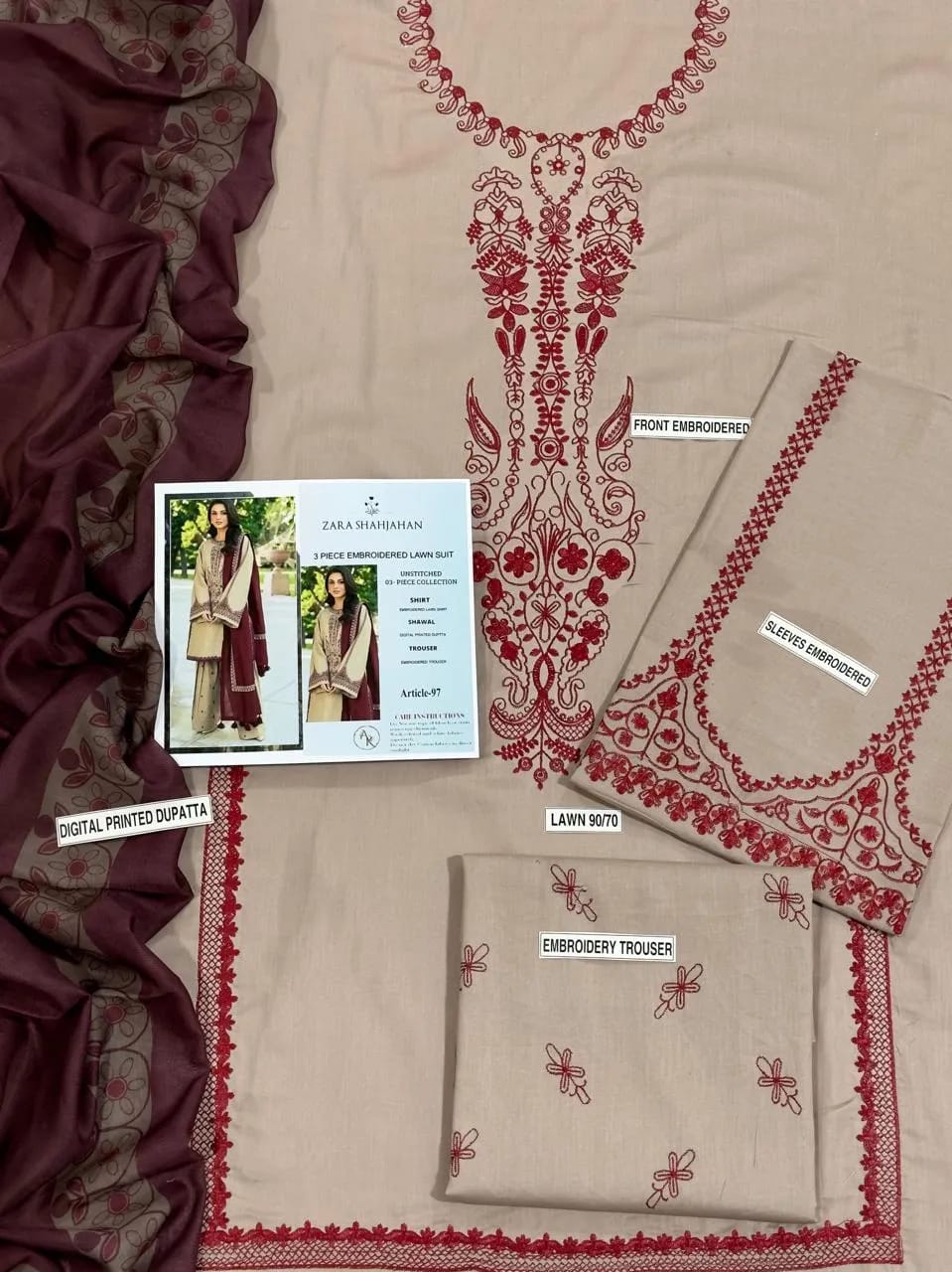 MIX TRENDING DESIGNS 3-Piece Unstitched Embroidered Suit – Beige