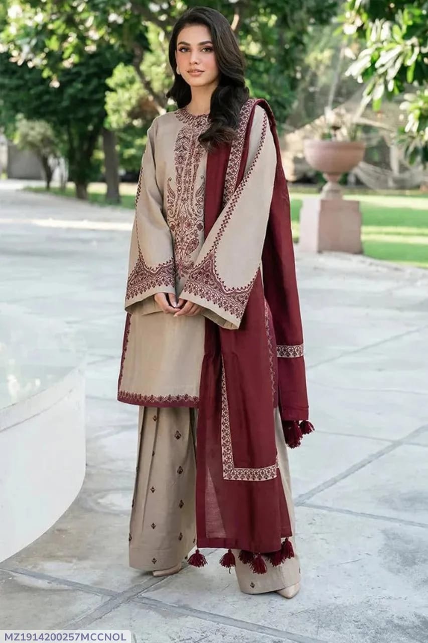 MIX TRENDING DESIGNS 3-Piece Unstitched Embroidered Suit – Beige