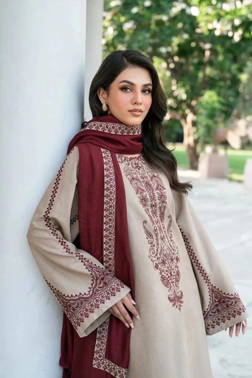 MIX TRENDING DESIGNS 3-Piece Unstitched Embroidered Suit – Beige